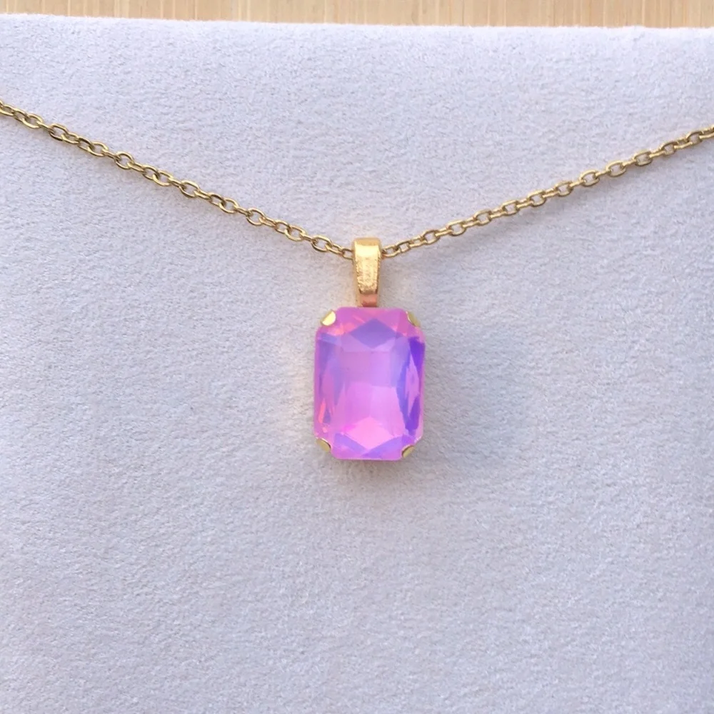 Pink-Purple Opal Aurora Borealis + Gold Emerald Cut Crystal Pendant Necklace - Picture 4 of 14